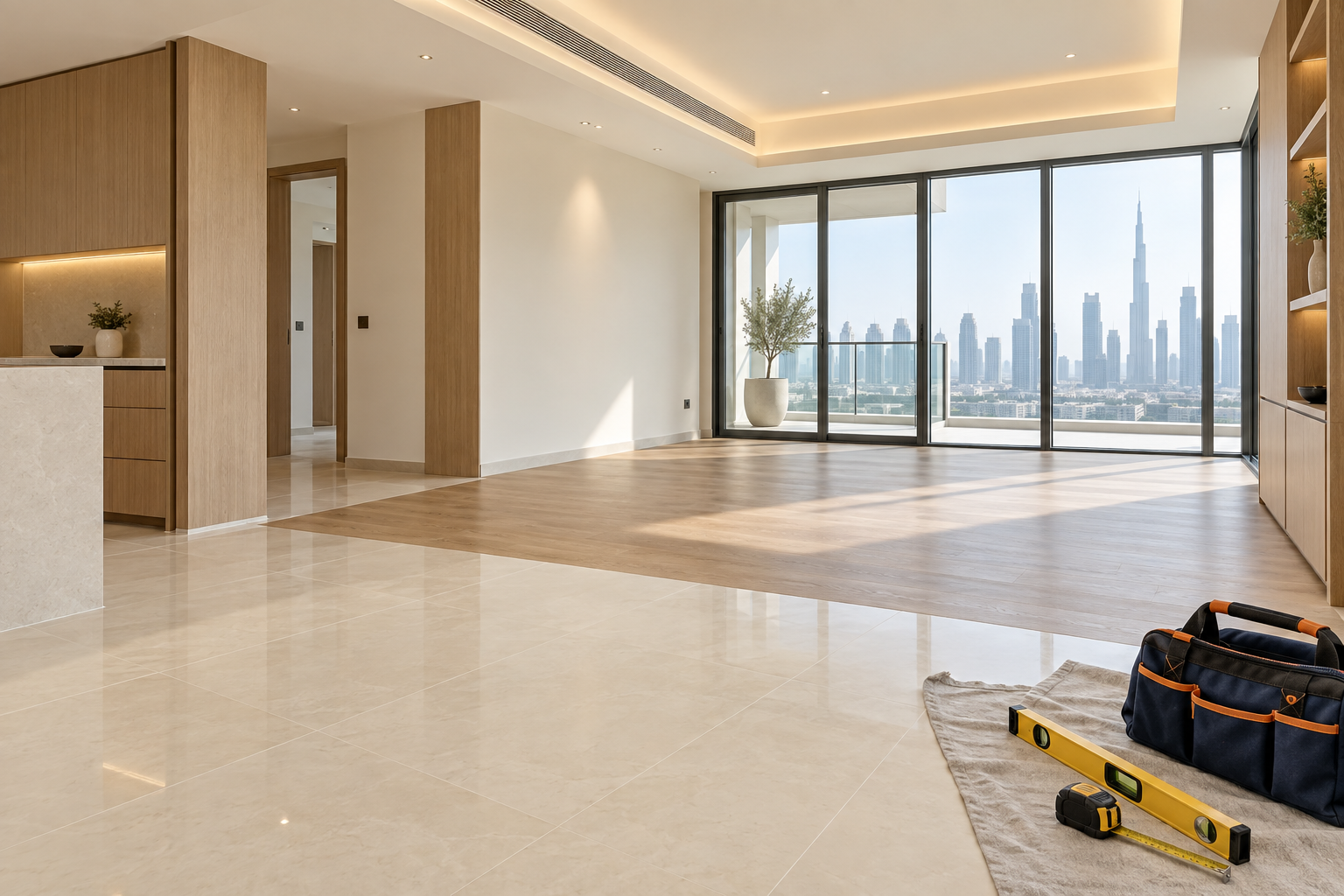 Illustration of clean tiling, wood flooring, cabinetry and ceiling finishes